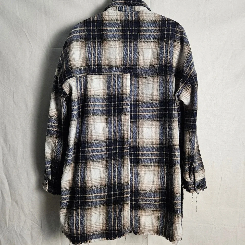 Stitch + Feather Plaid Oversized Shacket Jacket Women Blue‎ Tan White RN 149137